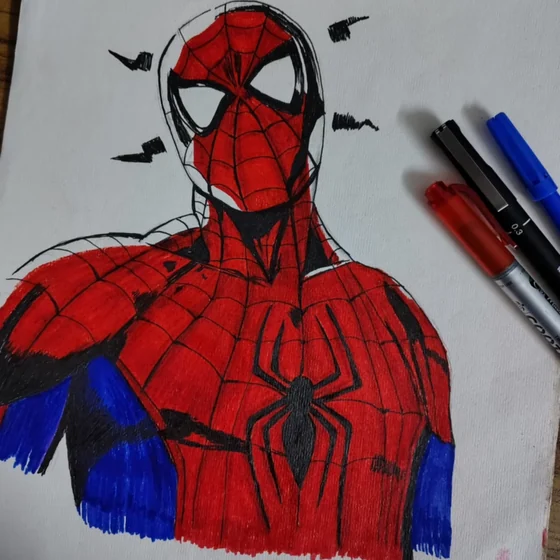 Marker character study, inked and coloured in red and blue.
