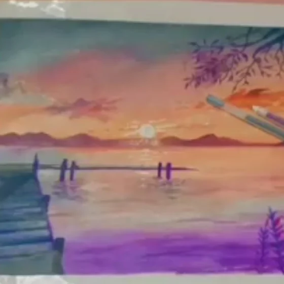 Watercolour study of a wooden dock at sunset, in orange and violet tones.