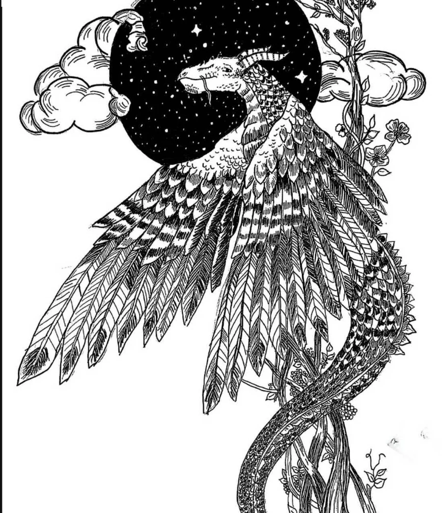 Ink illustration of a mythical bird-dragon in flight before a starry moon, surrounded by branches and blossom.