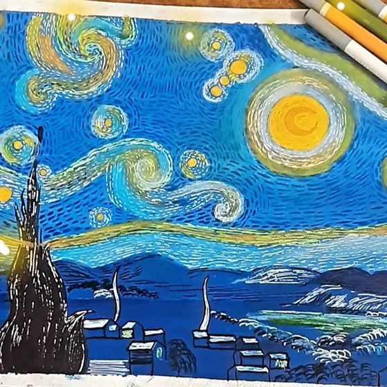 Coloured-pencil study after a swirling starry night sky over a lakeside town.