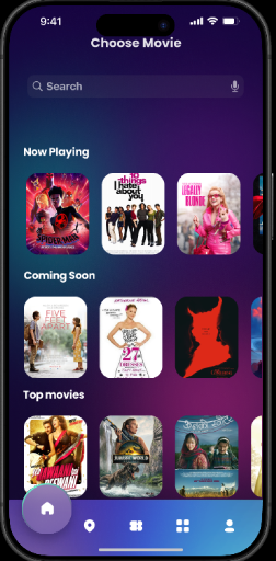 Browse screen: a search field with Now Playing, Coming Soon and Top
Movies rows of film posters.