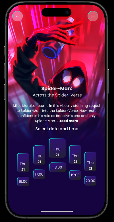Film detail screen: a Spider-Man poster fills the top, a synopsis
below, and a staggered row of date and showtime chips.