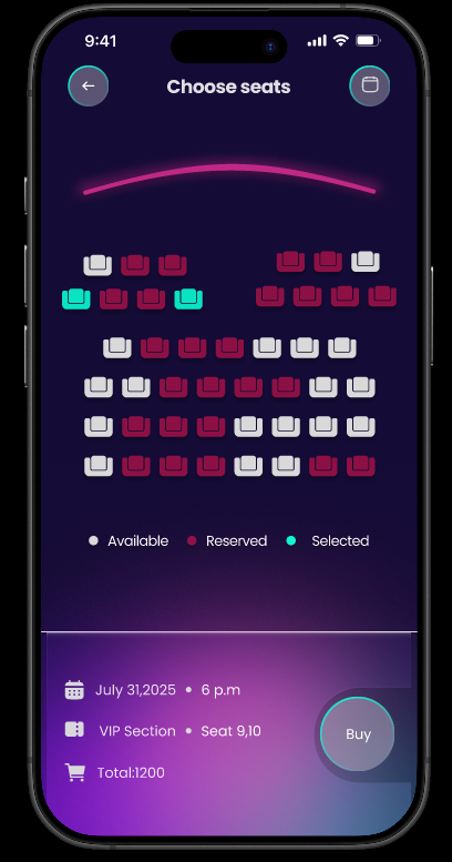 Seat selection screen: a curved screen line above a grid of seats in
available, reserved and selected states, with a legend and a summary
bar showing date, VIP section, seats 9 and 10 and a total of 1200.