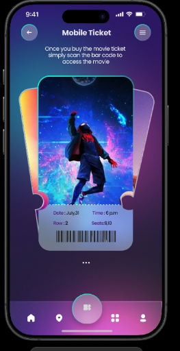 Mobile ticket screen: a perforated ticket shape holding cover art,
date, time, row and seat, above a barcode.