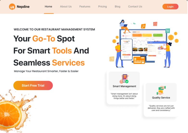 Nepdine landing page: a peach header with Home, About Us, Features, Pricing,
Blog and Contact Us navigation and a Login button, the headline 'Your Go-To
Spot For Smart Tools And Seamless Services' with Go-To, Tools and Services
set in orange, a Start Free Trial button over a splashing orange slice, and an
illustration of two people working at a dashboard beside Smart Management and
Quality Service cards.