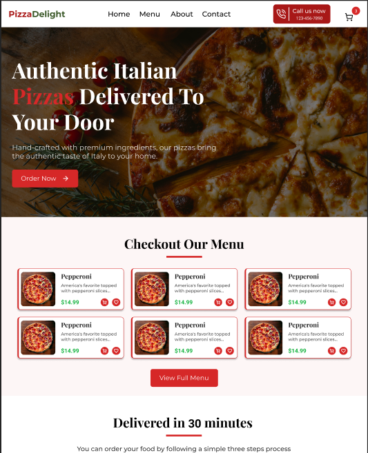 PizzaDelight home page: a dark hero photograph of a pepperoni pizza carrying
the headline 'Authentic Italian Pizzas Delivered To Your Door' and an Order
Now button, a Checkout Our Menu grid of six pepperoni cards with prices and
add buttons, and the start of a 'Delivered in 30 minutes' section below.
