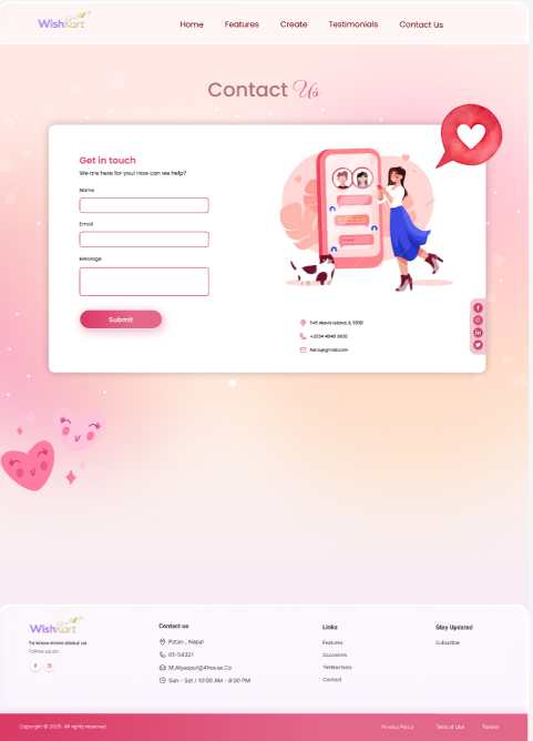 Contact page: a Get in touch form with name, email and message
fields beside an illustration of a woman with a phone, above a
footer with contact details and links.