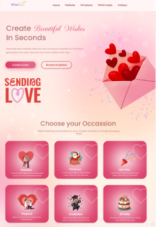 WishKart home page: the headline 'Create Beautiful Wishes In Seconds'
over a pink illustrated envelope of hearts, and a grid of occasions
including Valentine, Christmas, New Year, Proposal, Graduation and
Birthday.