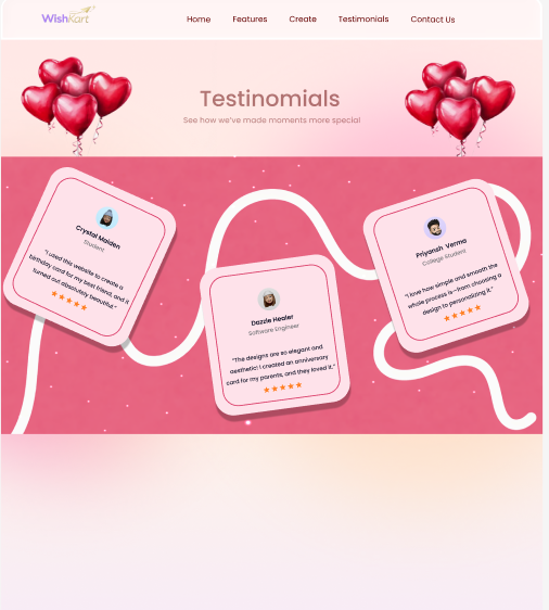 Testimonials section: three tilted cards strung along a ribbon, each
with a name, role, quote and star rating. The quotes are placeholder
content designed for the mockup.